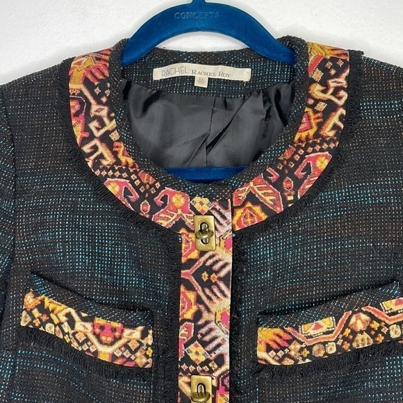 𝅺RACHEL Roy tweed fringe trim abstract print blazer - Picture 2 of 10